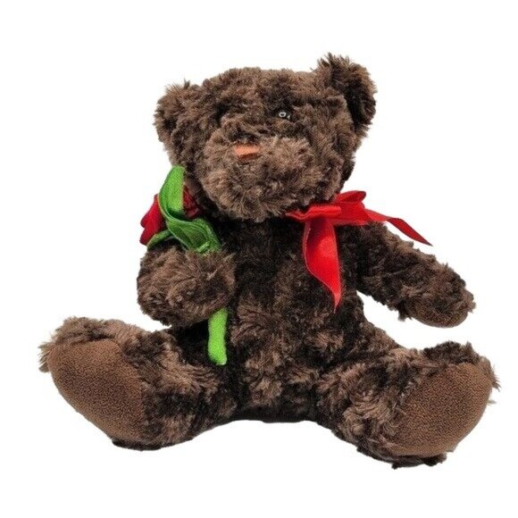Dan Dee Love Bear Plush Brown 11.5" Sitting Red Rose Ribbon 2014 Valentine's Day - Picture 1 of 10